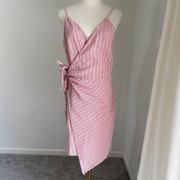 Stylestalker Dresses & Skirts - StyleStalker Red Acadia Striped Linen Blend Wrap Dress XL‎ Coastal Brunch Preppy